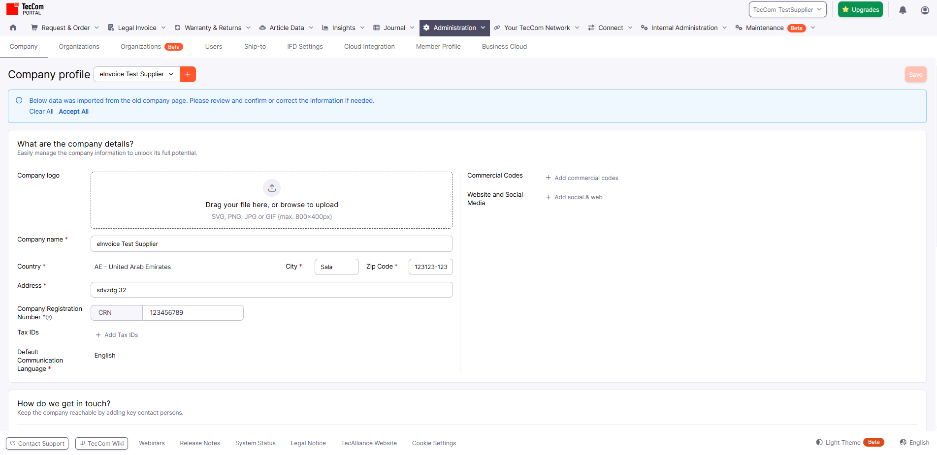 Company main view right after migration