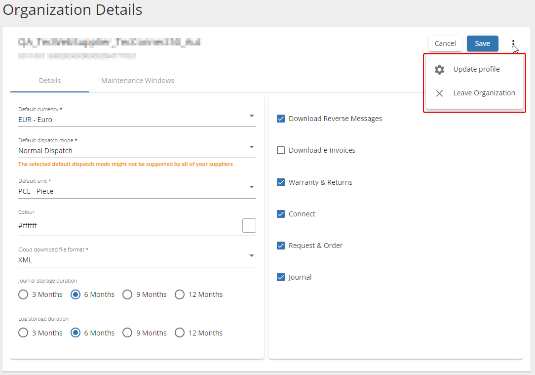Organization details additional options