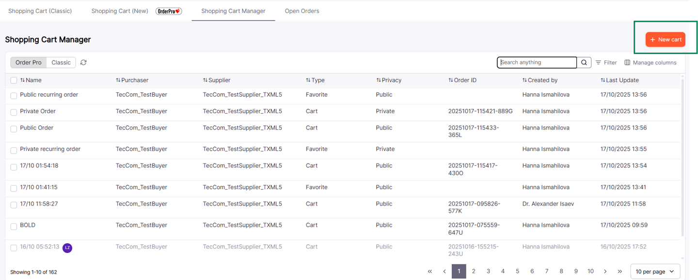Create new shopping cart